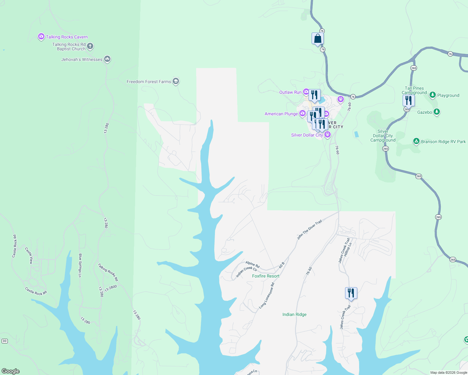 map of restaurants, bars, coffee shops, grocery stores, and more near 11 Woodpecker Lane in Branson
