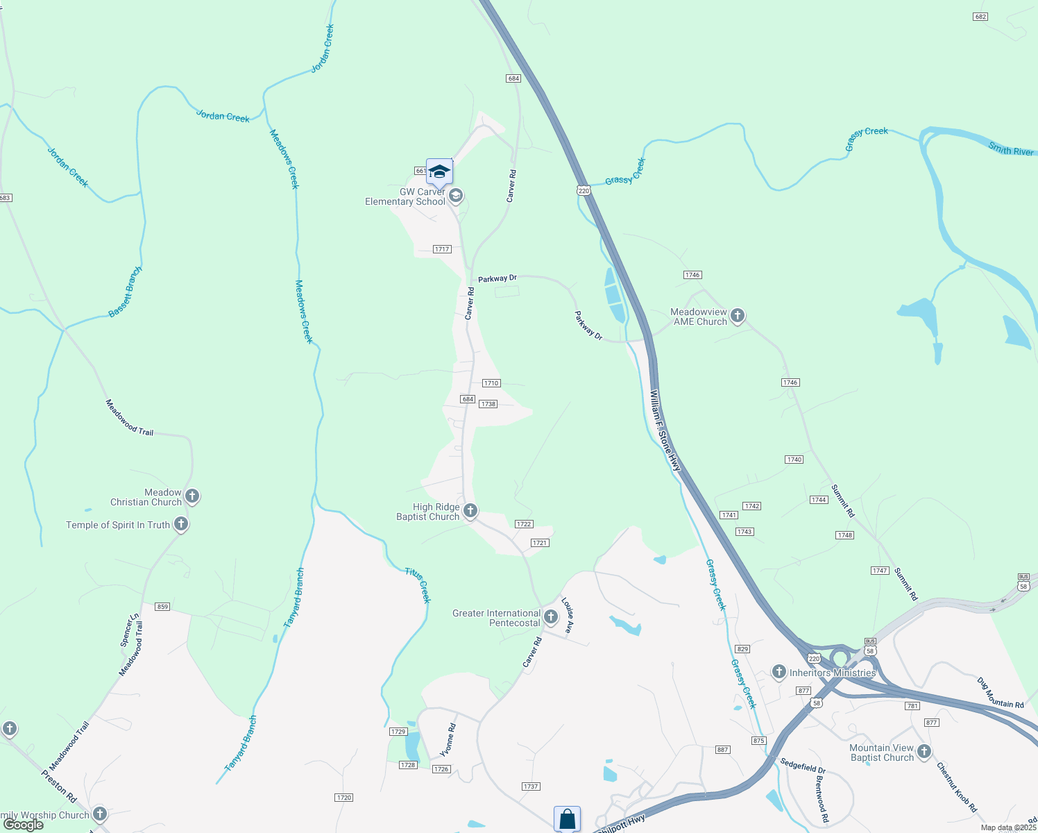 map of restaurants, bars, coffee shops, grocery stores, and more near 162 Crestmond Lane in Martinsville