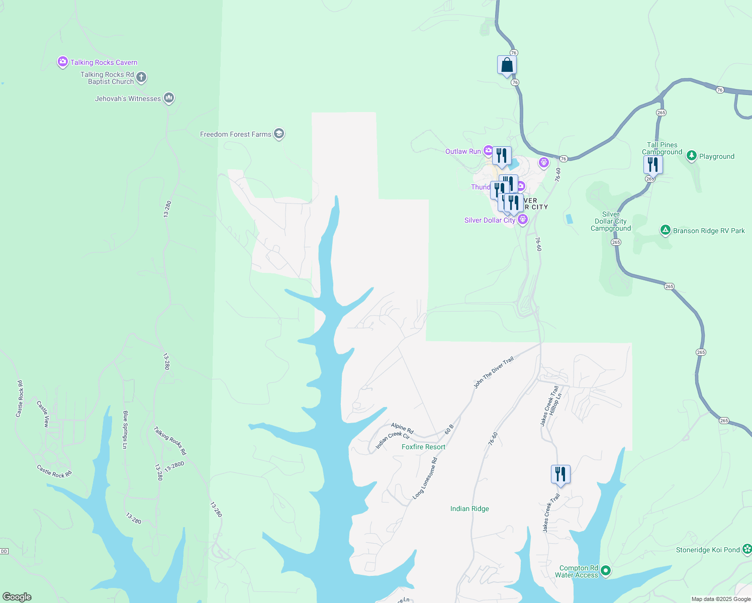 map of restaurants, bars, coffee shops, grocery stores, and more near 11 Woodpecker Lane in Branson