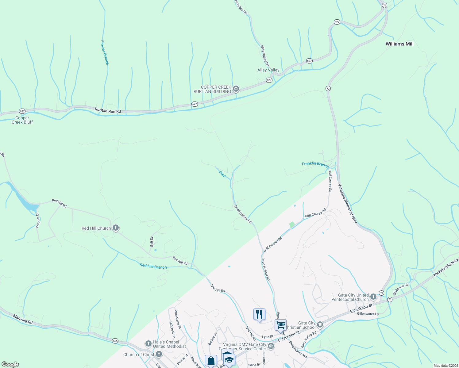 map of restaurants, bars, coffee shops, grocery stores, and more near 1399 Reed Hollow Road in Gate City