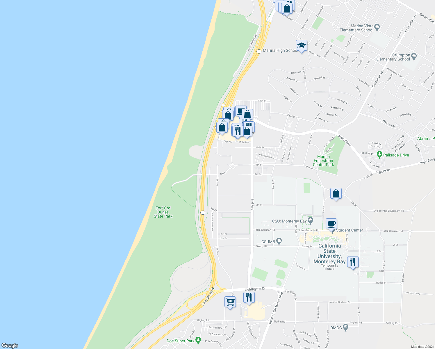 map of restaurants, bars, coffee shops, grocery stores, and more near 1st Avenue in Marina