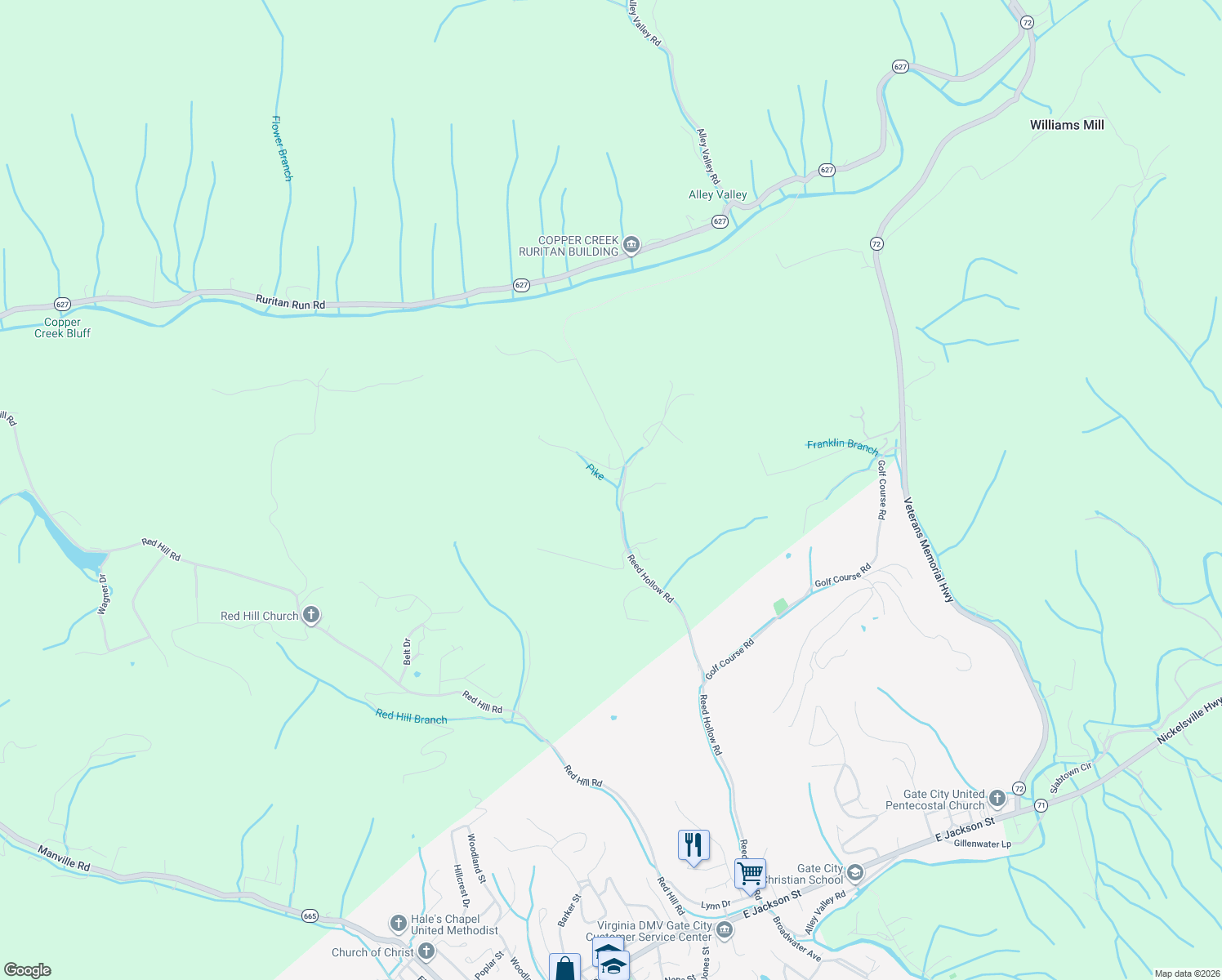 map of restaurants, bars, coffee shops, grocery stores, and more near 1399 Reed Hollow Road in Gate City