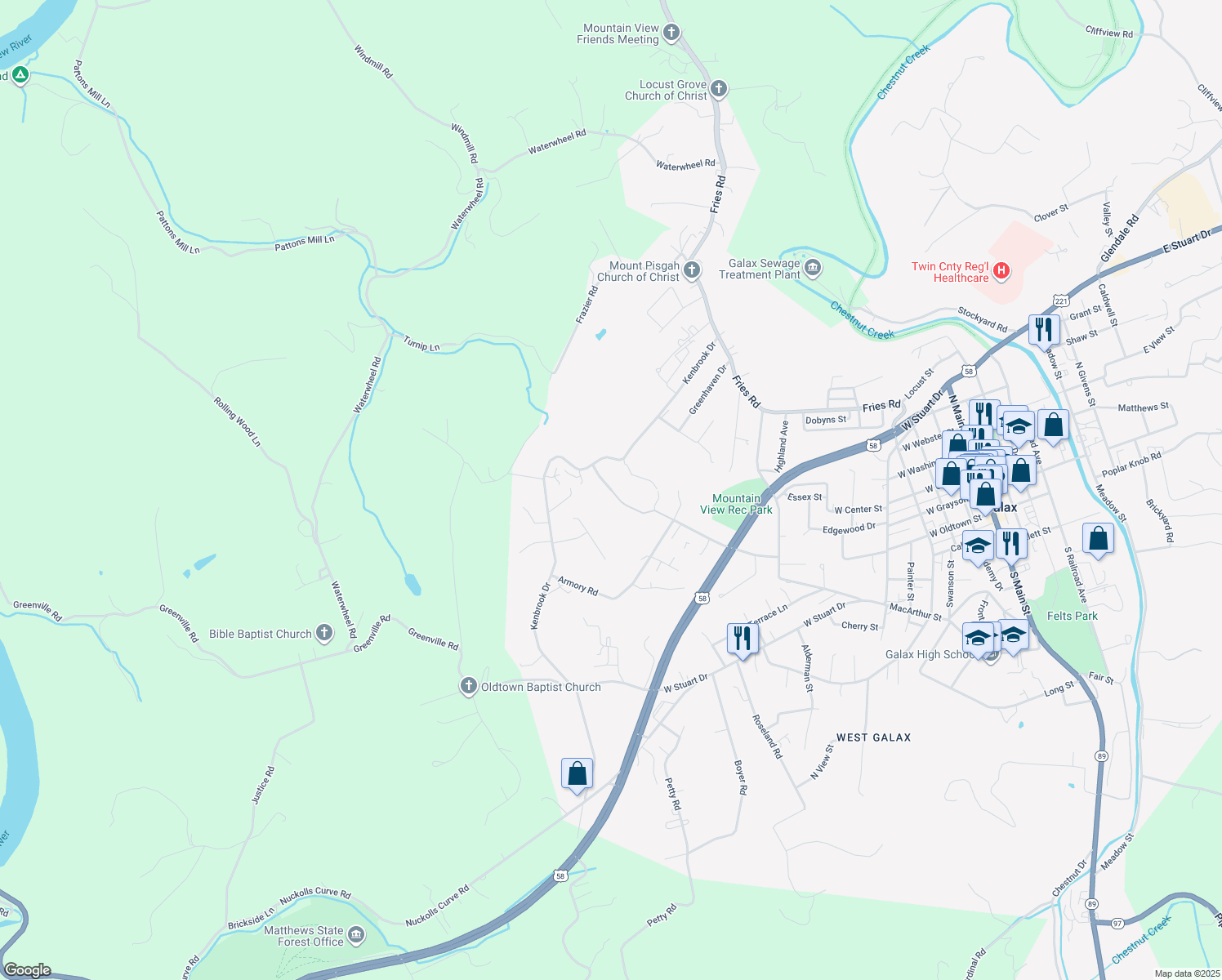map of restaurants, bars, coffee shops, grocery stores, and more near 116 Pine Knoll Drive in Galax