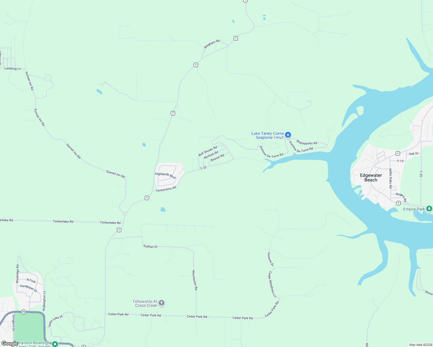 map of restaurants, bars, coffee shops, grocery stores, and more near 600-760 Taneycomo Road in Branson