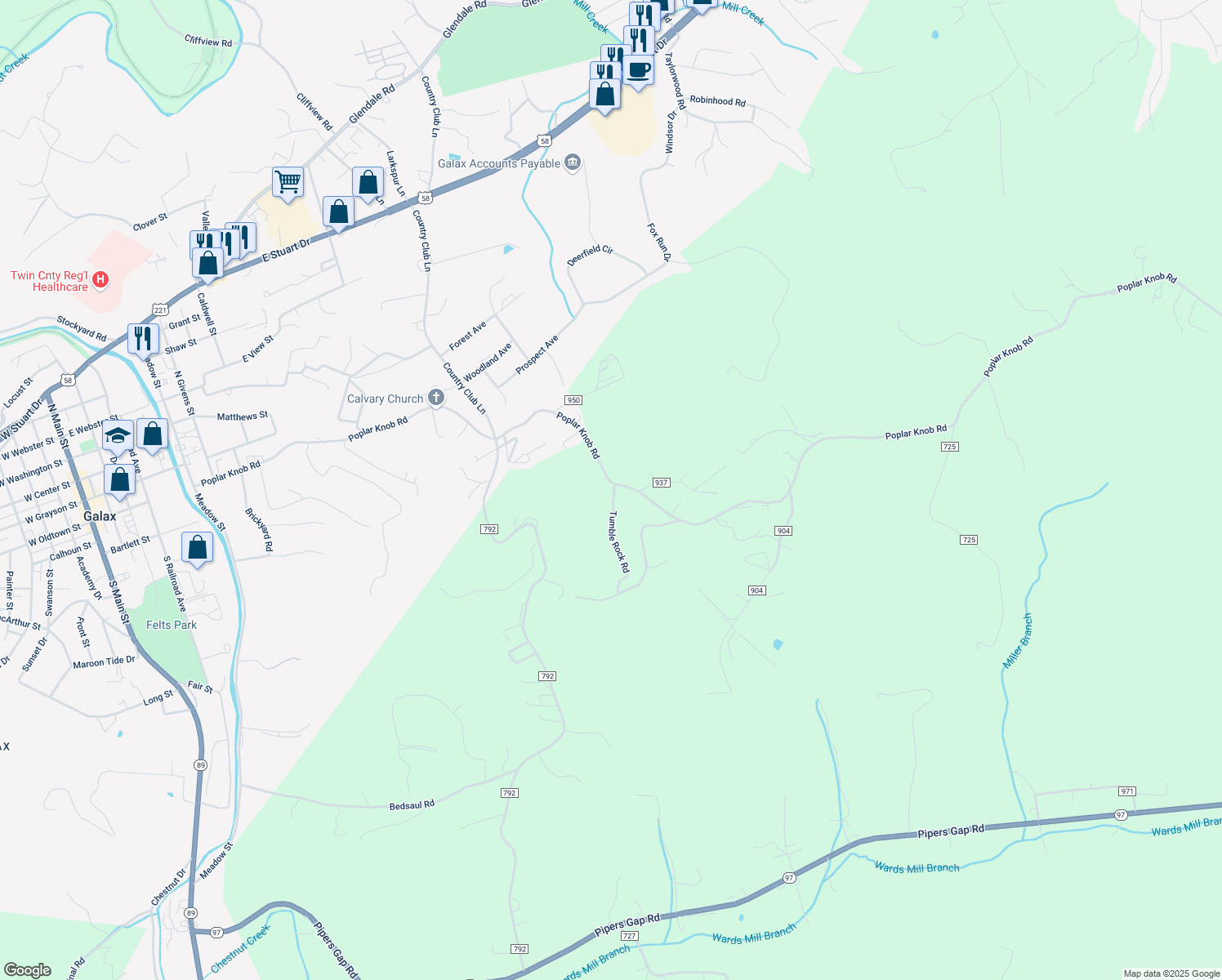 map of restaurants, bars, coffee shops, grocery stores, and more near Poplar Knob Road in Galax