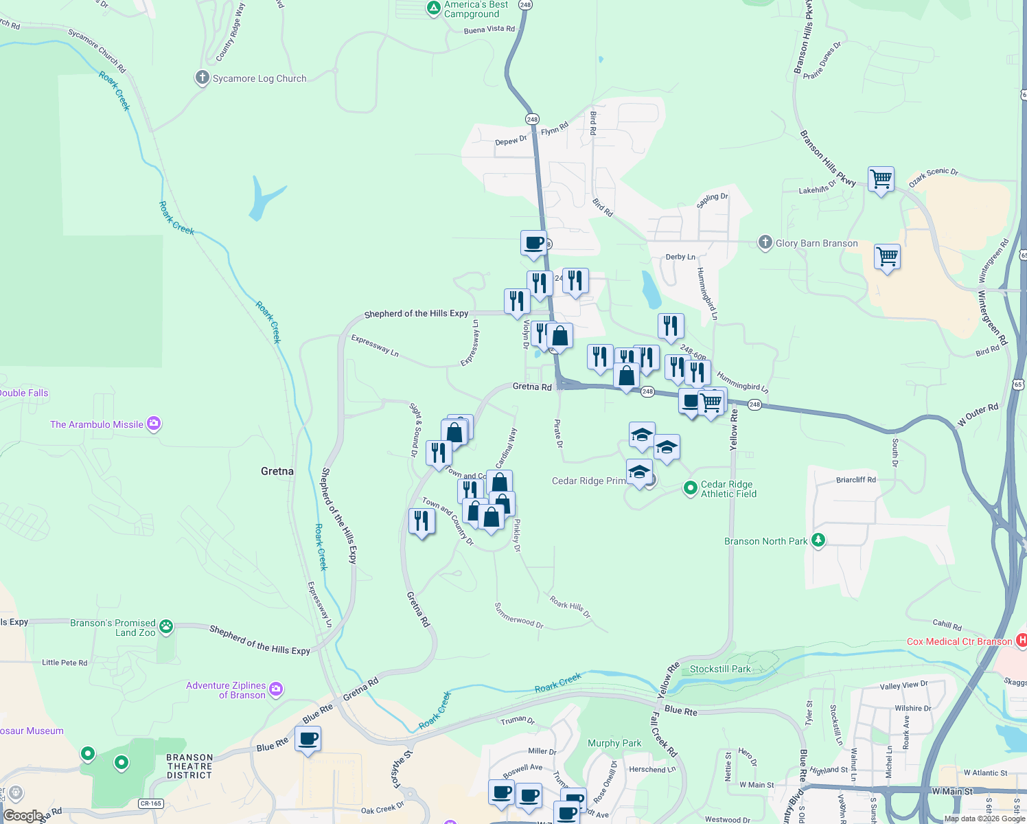 map of restaurants, bars, coffee shops, grocery stores, and more near 251 Branson Meadows Drive in Branson