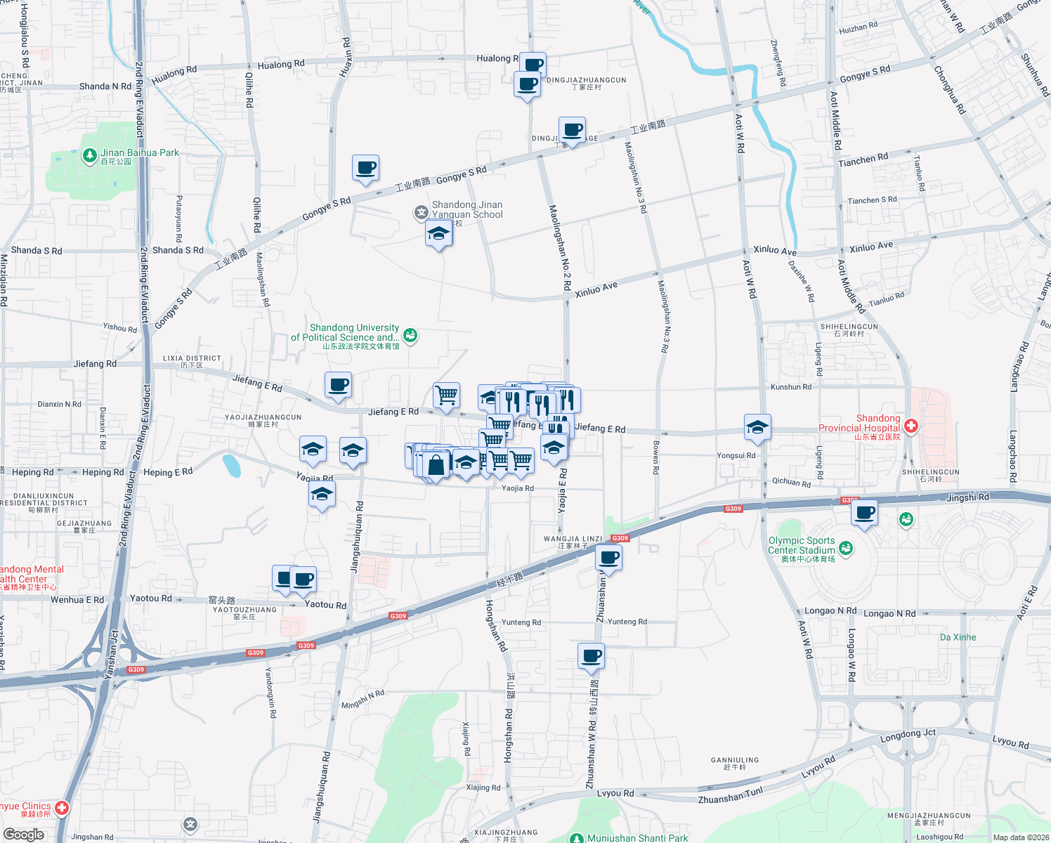 map of restaurants, bars, coffee shops, grocery stores, and more near Jie Fang Dong Lu in Ji Nan Shi