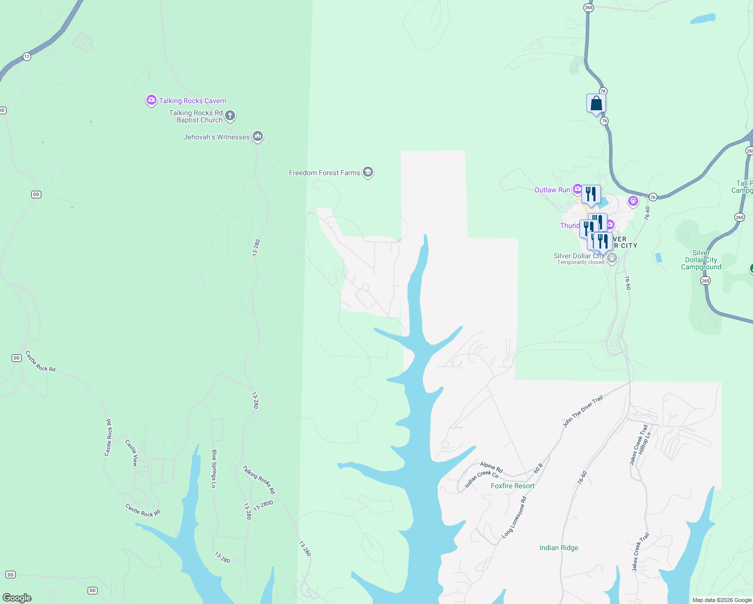 map of restaurants, bars, coffee shops, grocery stores, and more near 198 Oak Creek Circle in Reeds Spring