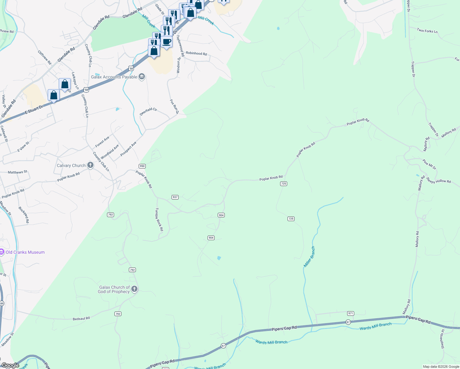 map of restaurants, bars, coffee shops, grocery stores, and more near Bishop's Chapel Road in Galax