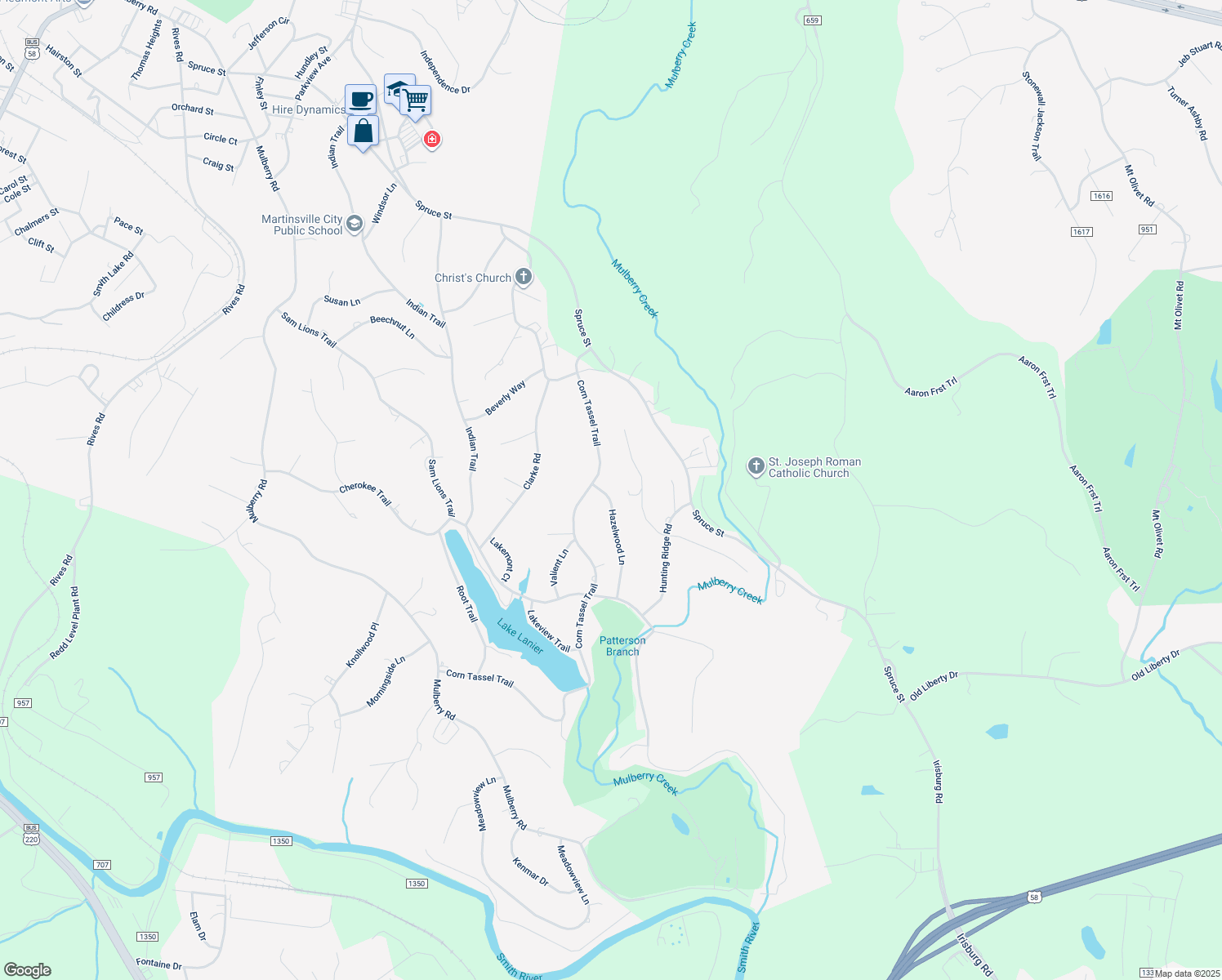 map of restaurants, bars, coffee shops, grocery stores, and more near 801 Hazelwood Lane in Martinsville