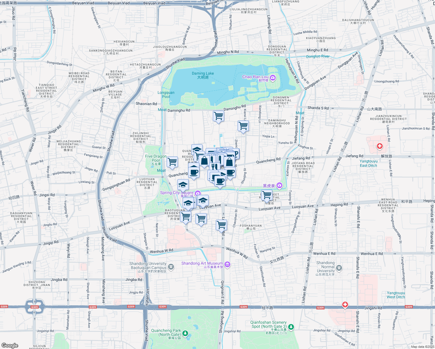 map of restaurants, bars, coffee shops, grocery stores, and more near in Ji Nan Shi