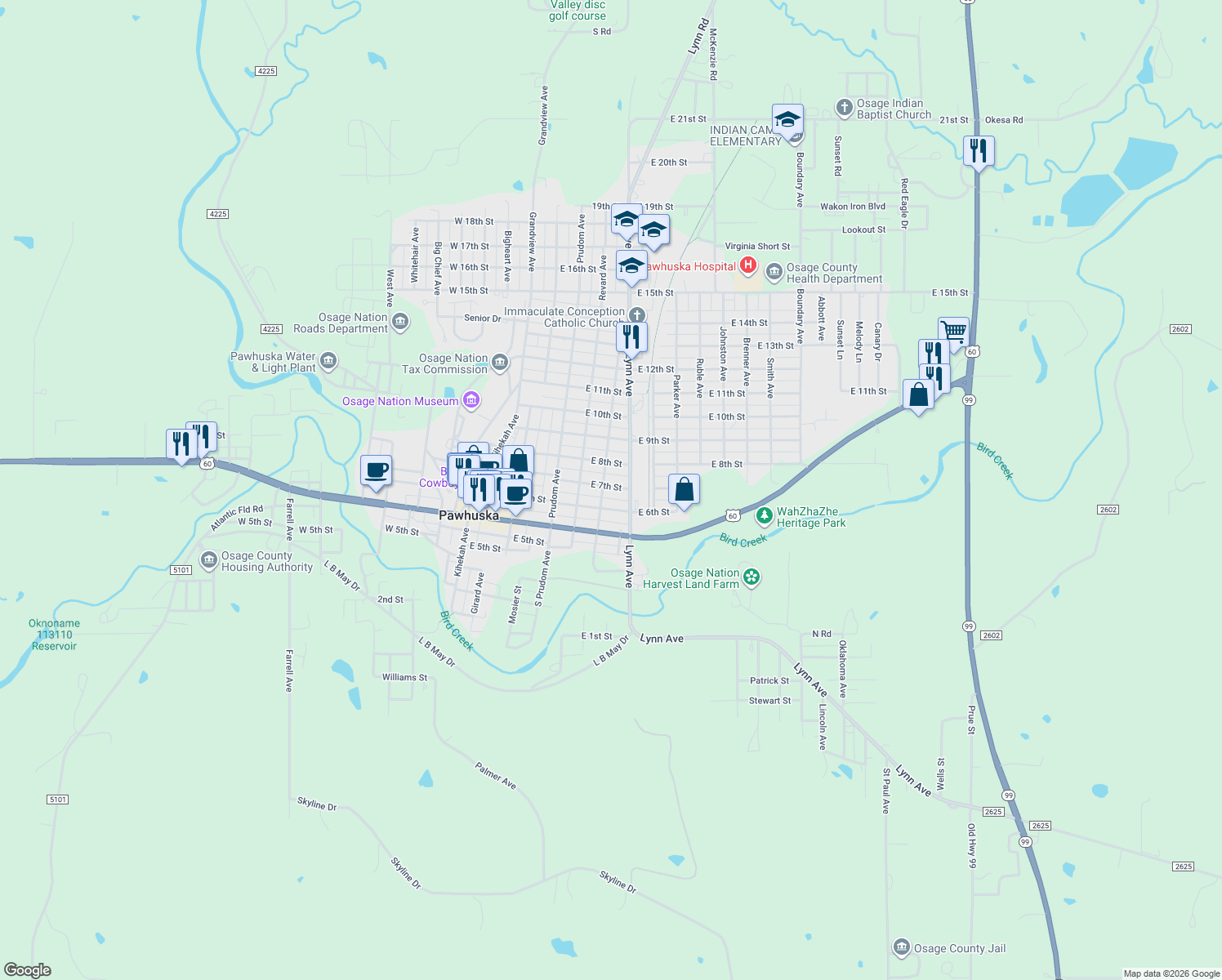 map of restaurants, bars, coffee shops, grocery stores, and more near 506 East 7th Street in Pawhuska