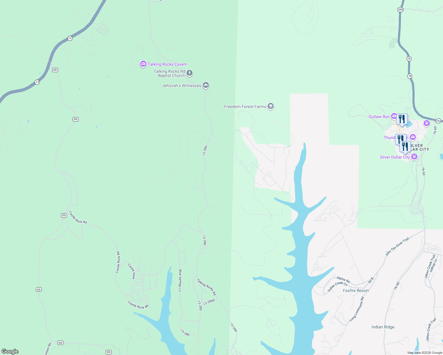 map of restaurants, bars, coffee shops, grocery stores, and more near 154 October Hill Lane in Branson West
