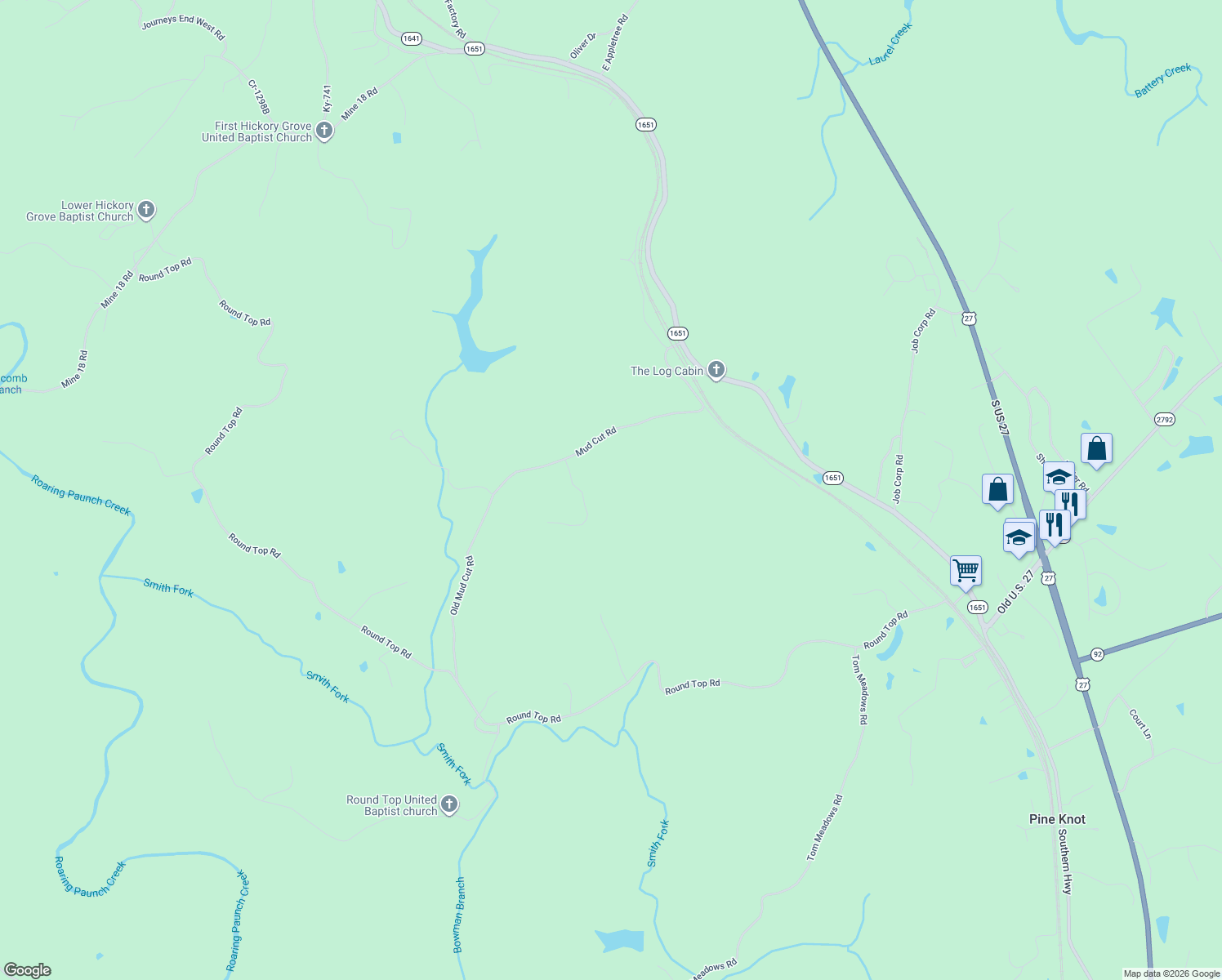 map of restaurants, bars, coffee shops, grocery stores, and more near Walter Crabtree Road in Pine Knot