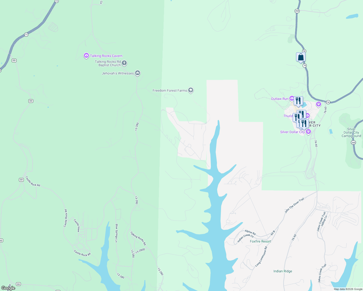 map of restaurants, bars, coffee shops, grocery stores, and more near 1-199 Oak Creek Circle in Reeds Spring