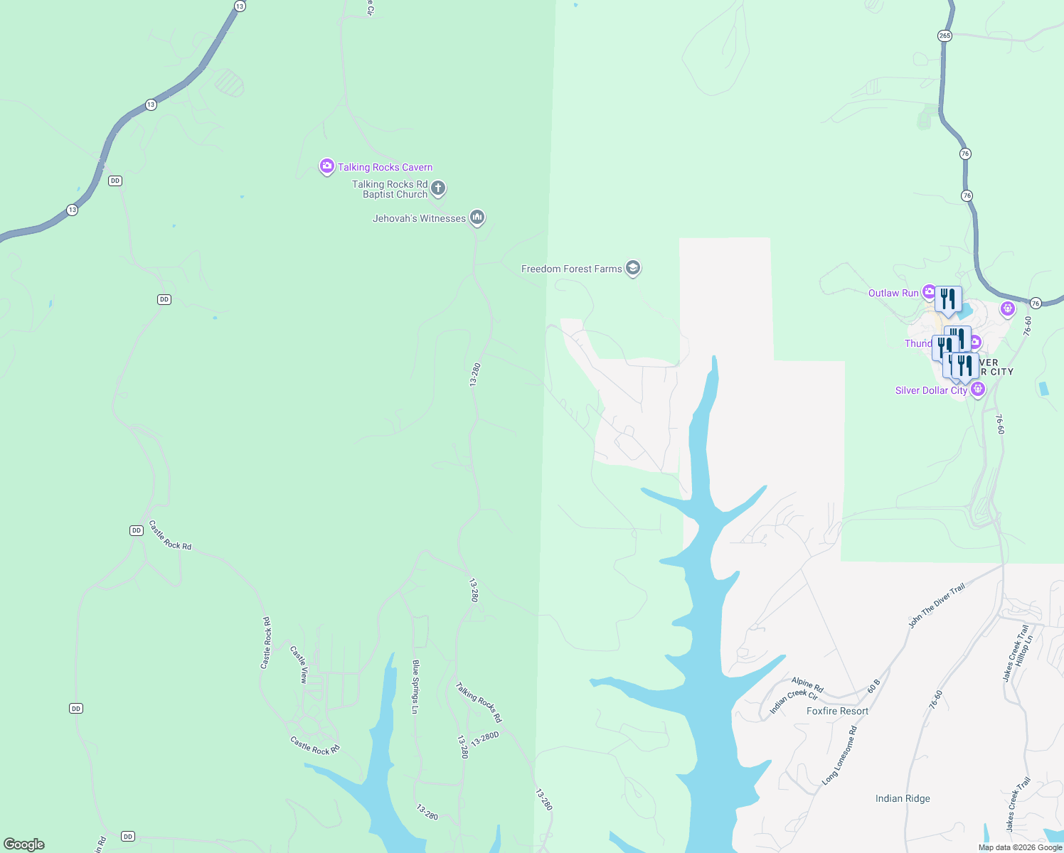 map of restaurants, bars, coffee shops, grocery stores, and more near 154 October Hill Lane in Branson West