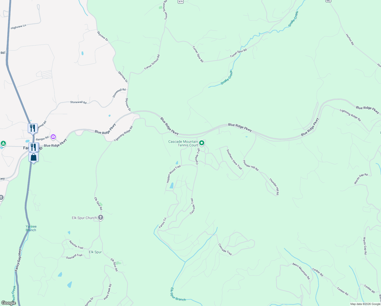 map of restaurants, bars, coffee shops, grocery stores, and more near Wild Boar Trail in Fancy Gap