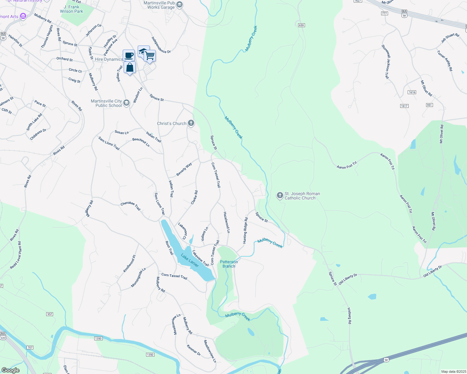 map of restaurants, bars, coffee shops, grocery stores, and more near 1810 Spruce Street in Martinsville