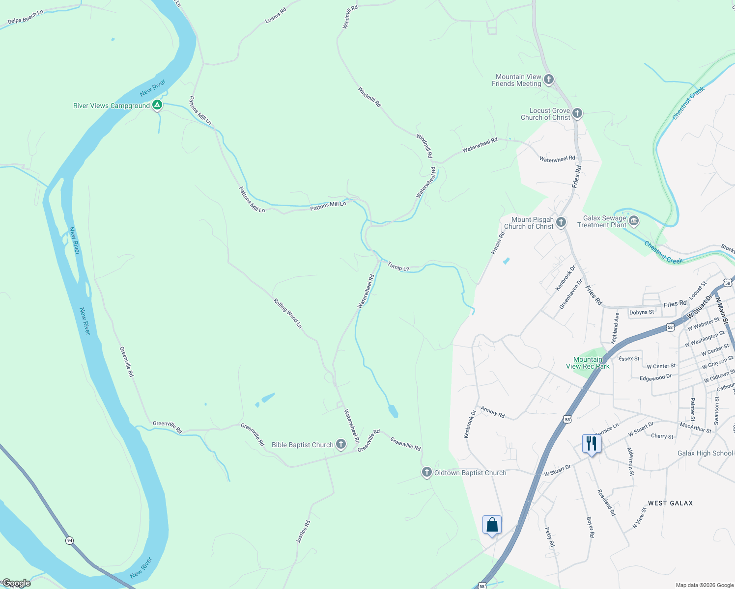 map of restaurants, bars, coffee shops, grocery stores, and more near 1713 Waterwheel Road in Galax