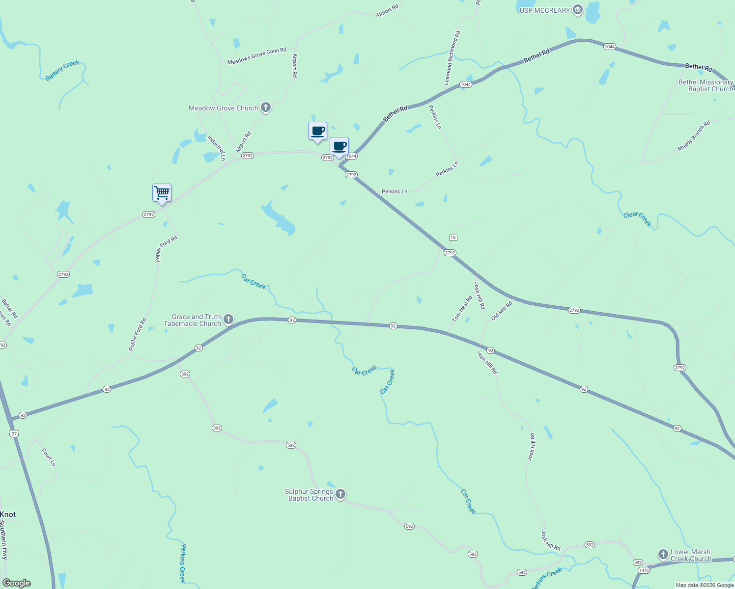 map of restaurants, bars, coffee shops, grocery stores, and more near John Henry Perry Road in McCreary County