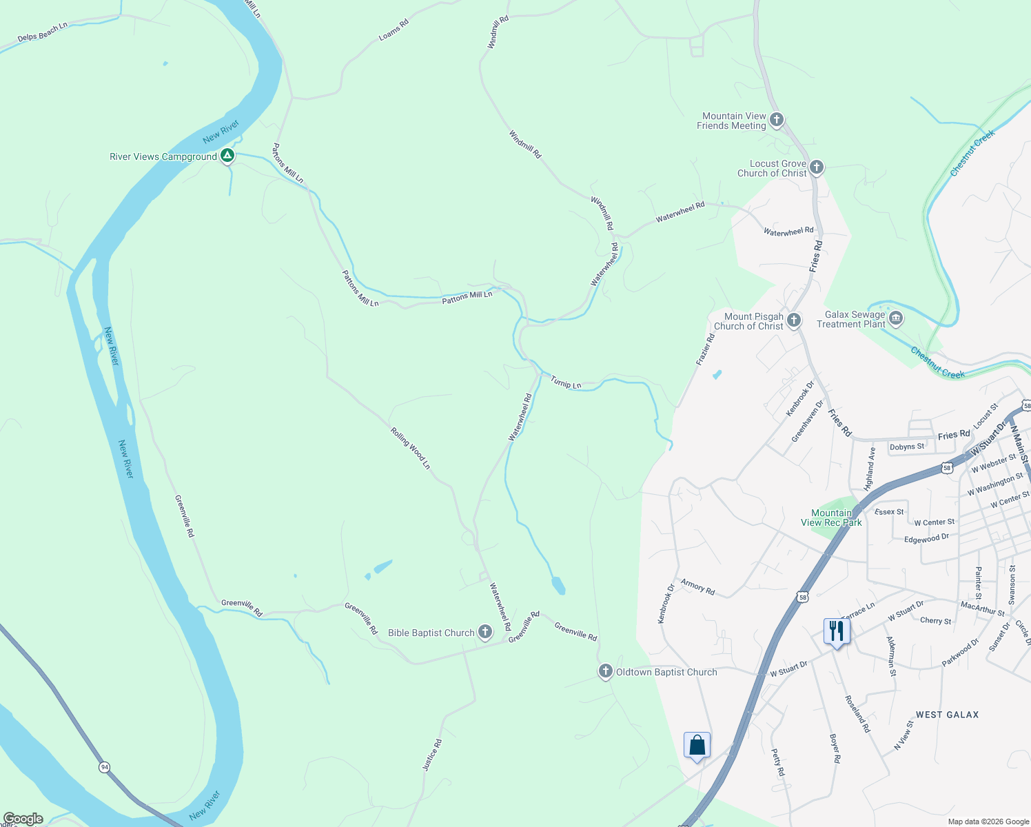 map of restaurants, bars, coffee shops, grocery stores, and more near 1713-2045 Water Wheel Road in Galax