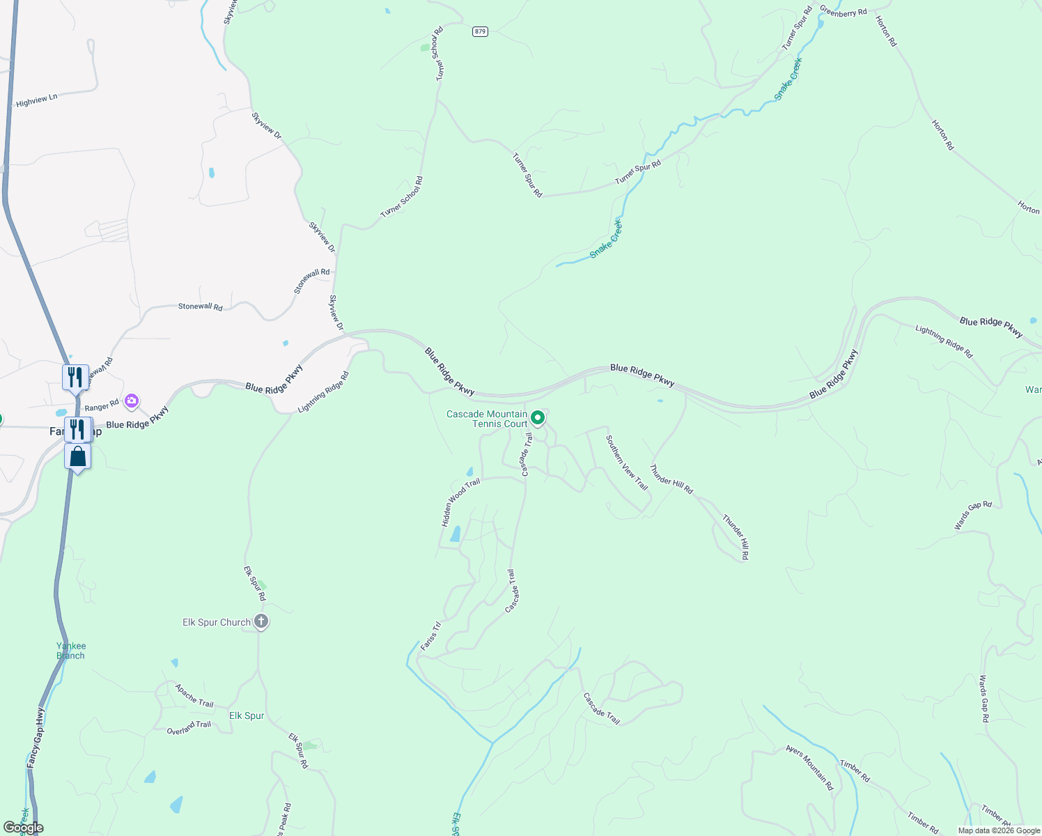 map of restaurants, bars, coffee shops, grocery stores, and more near Wild Boar Trail in Fancy Gap