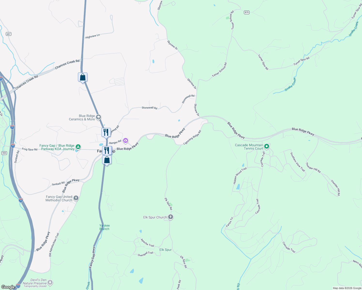 map of restaurants, bars, coffee shops, grocery stores, and more near Elk Spur Road in Fancy Gap