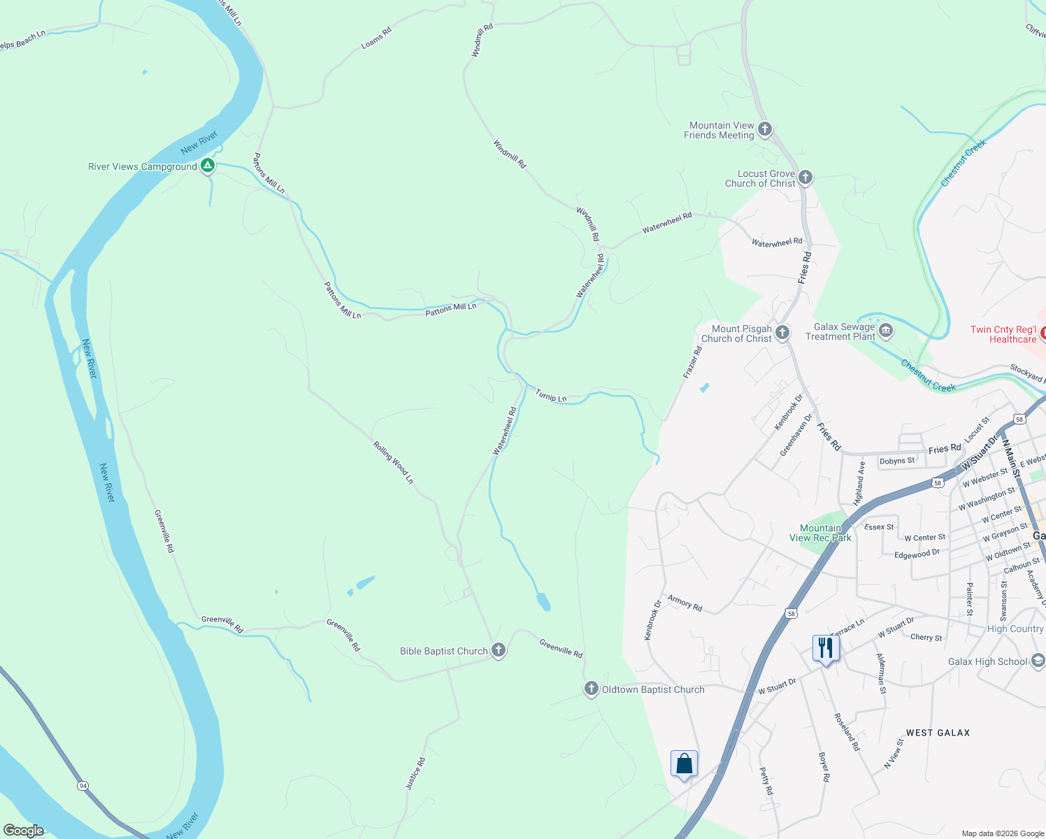 map of restaurants, bars, coffee shops, grocery stores, and more near 1585 Waterwheel Road in Galax