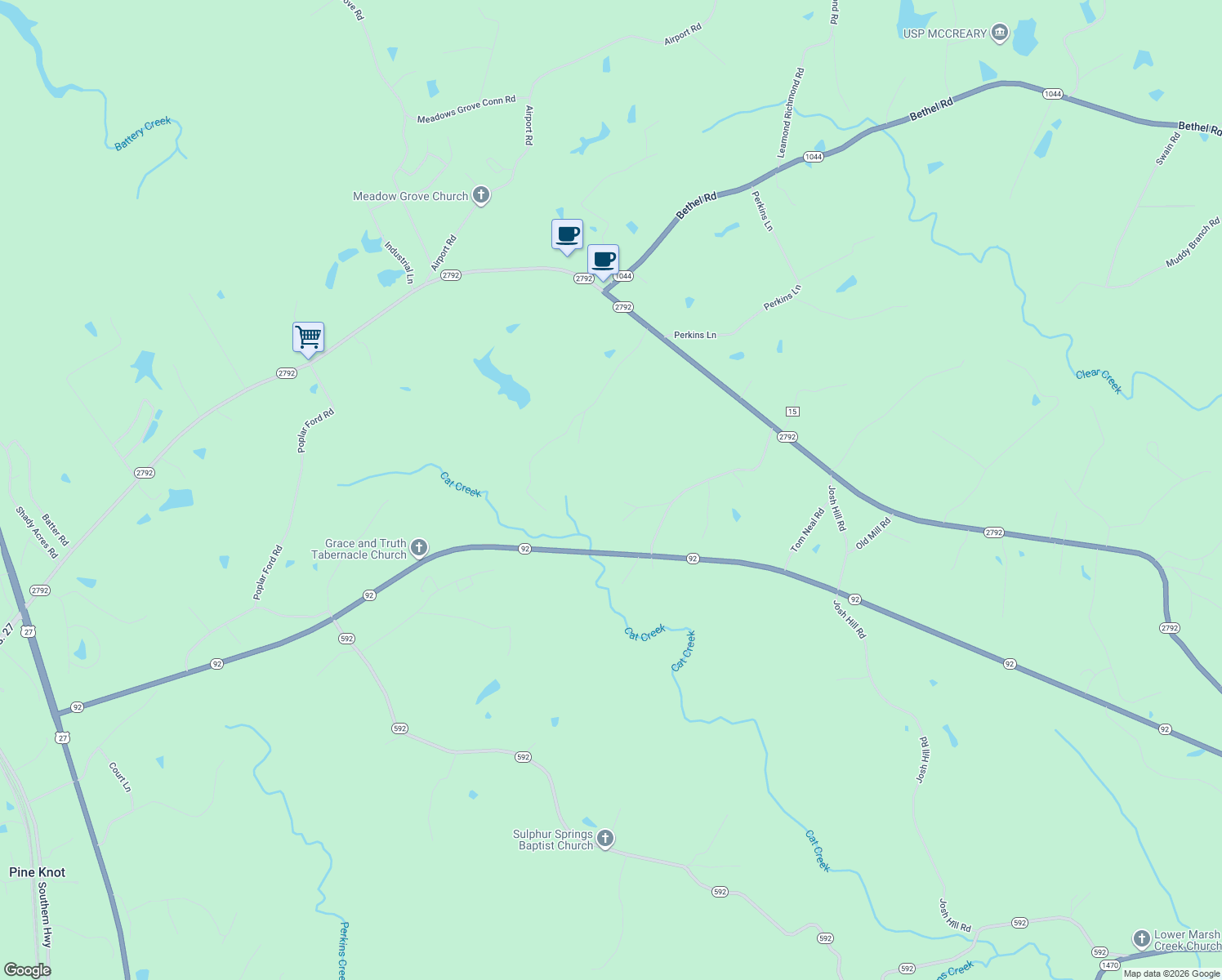 map of restaurants, bars, coffee shops, grocery stores, and more near John Henry Perry Road in Pine Knot