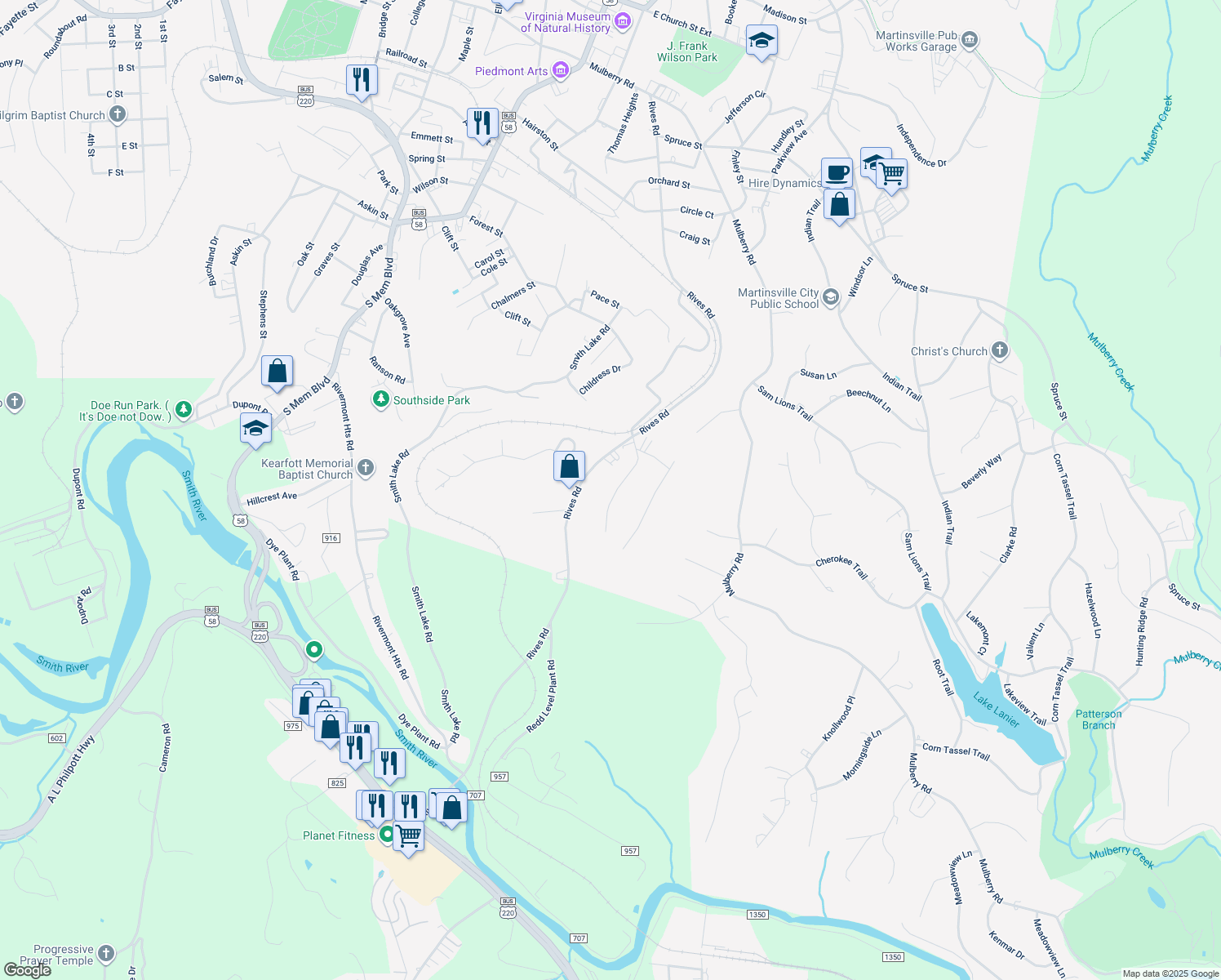 map of restaurants, bars, coffee shops, grocery stores, and more near 1118 Drewry Road in Martinsville