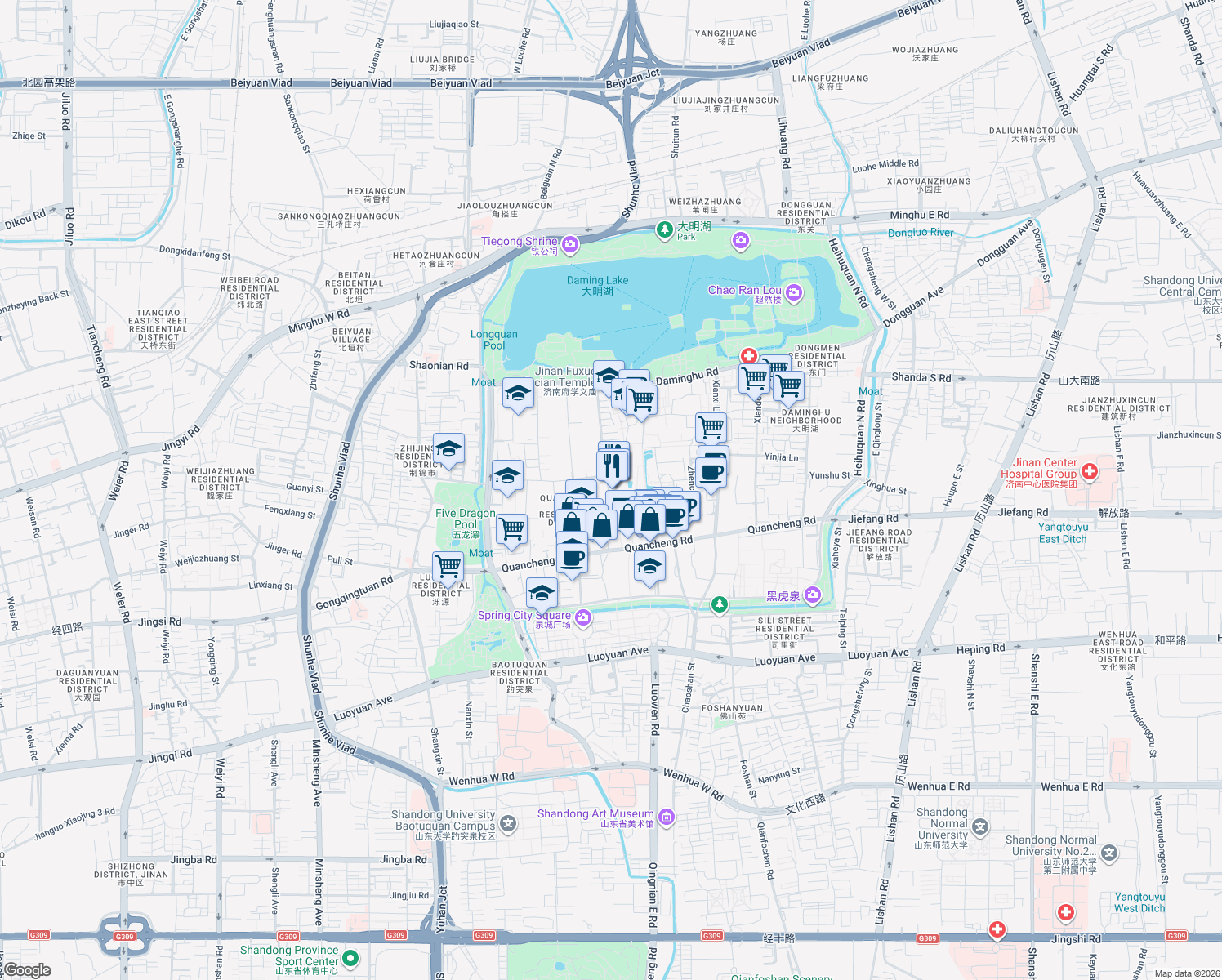 map of restaurants, bars, coffee shops, grocery stores, and more near 61 Fu Rong Jie in Ji Nan Shi