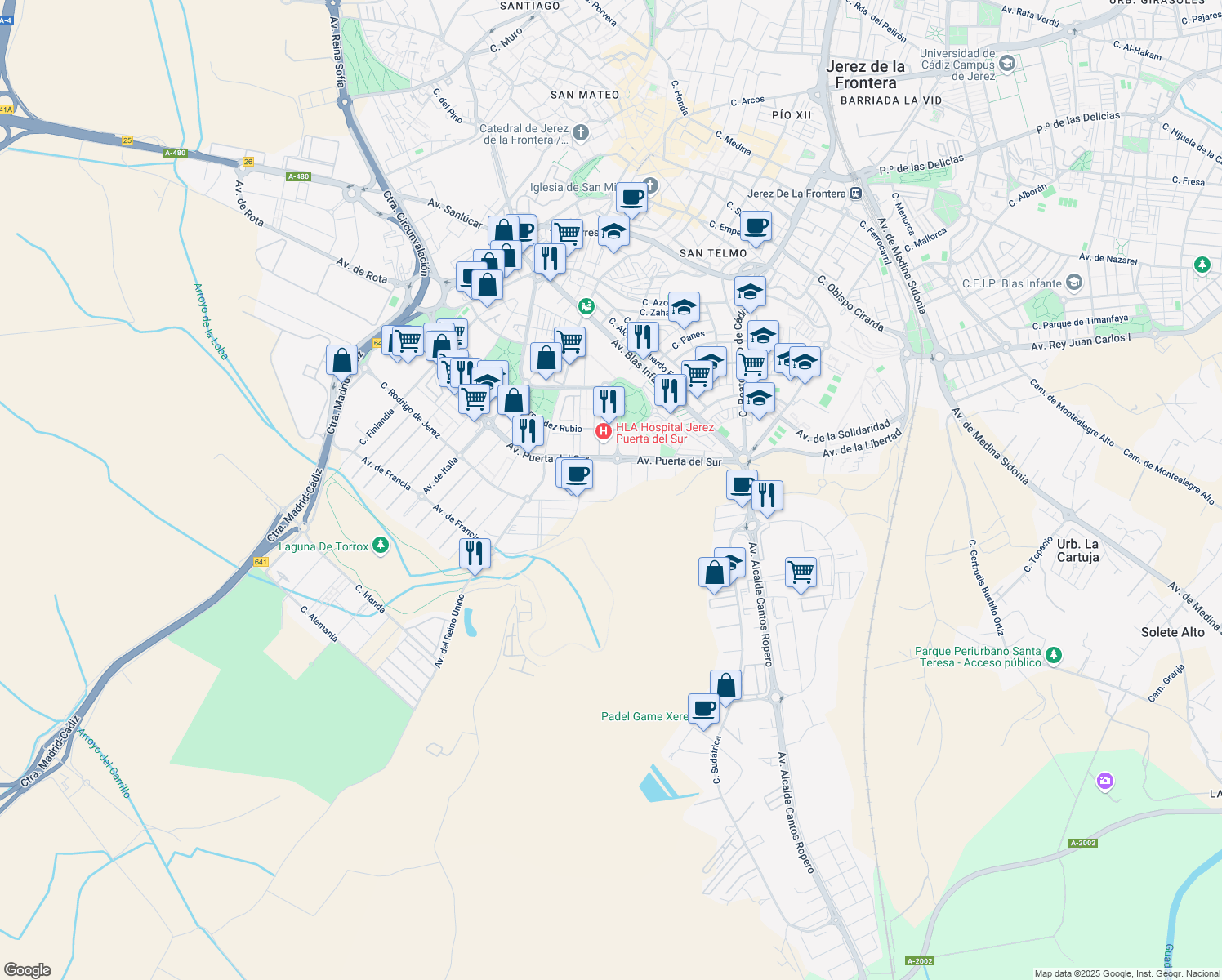 map of restaurants, bars, coffee shops, grocery stores, and more near 4 Calle Doctor Santiago Ramon y Cajal in Jerez de la Frontera