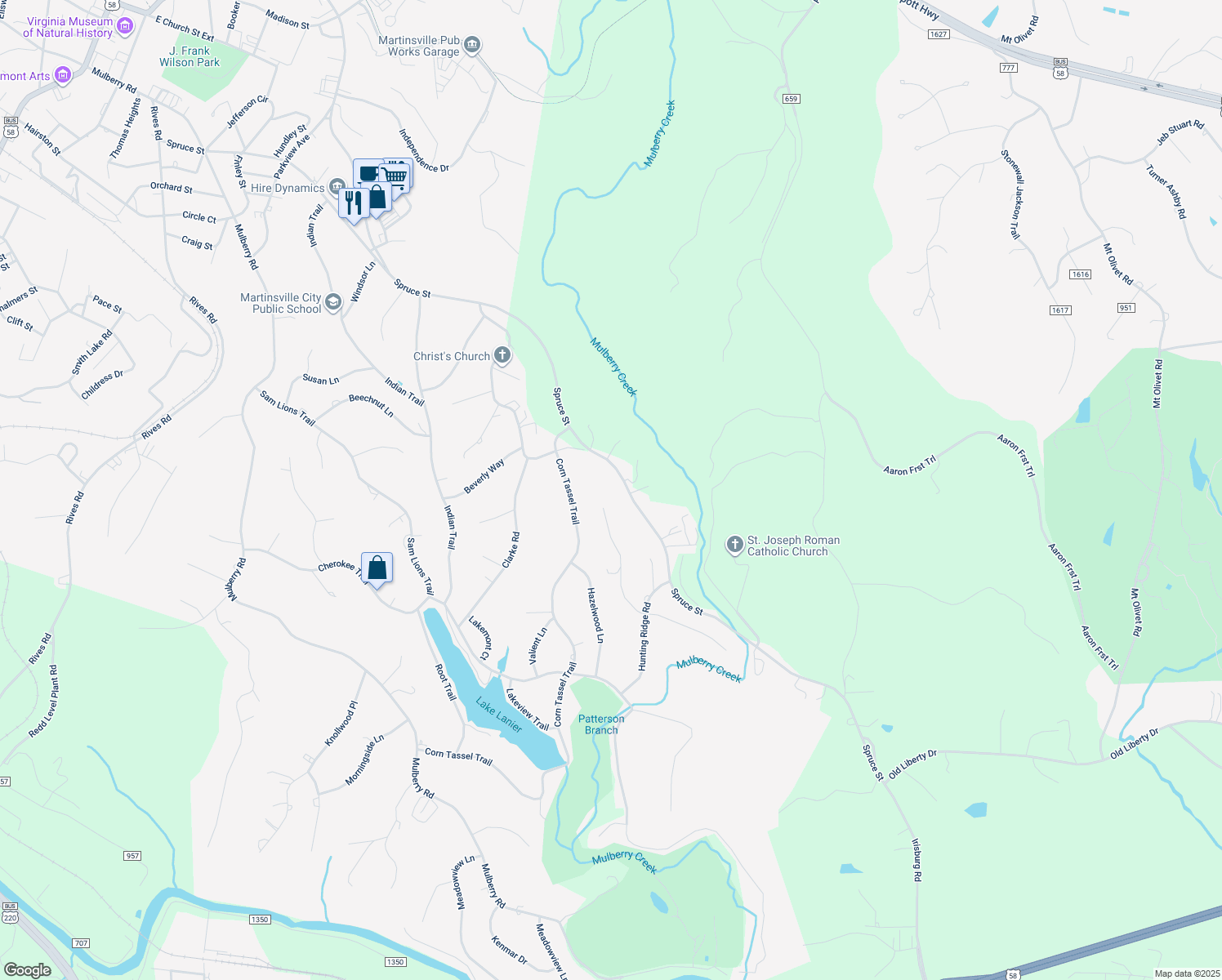 map of restaurants, bars, coffee shops, grocery stores, and more near 1810 Spruce Street in Martinsville