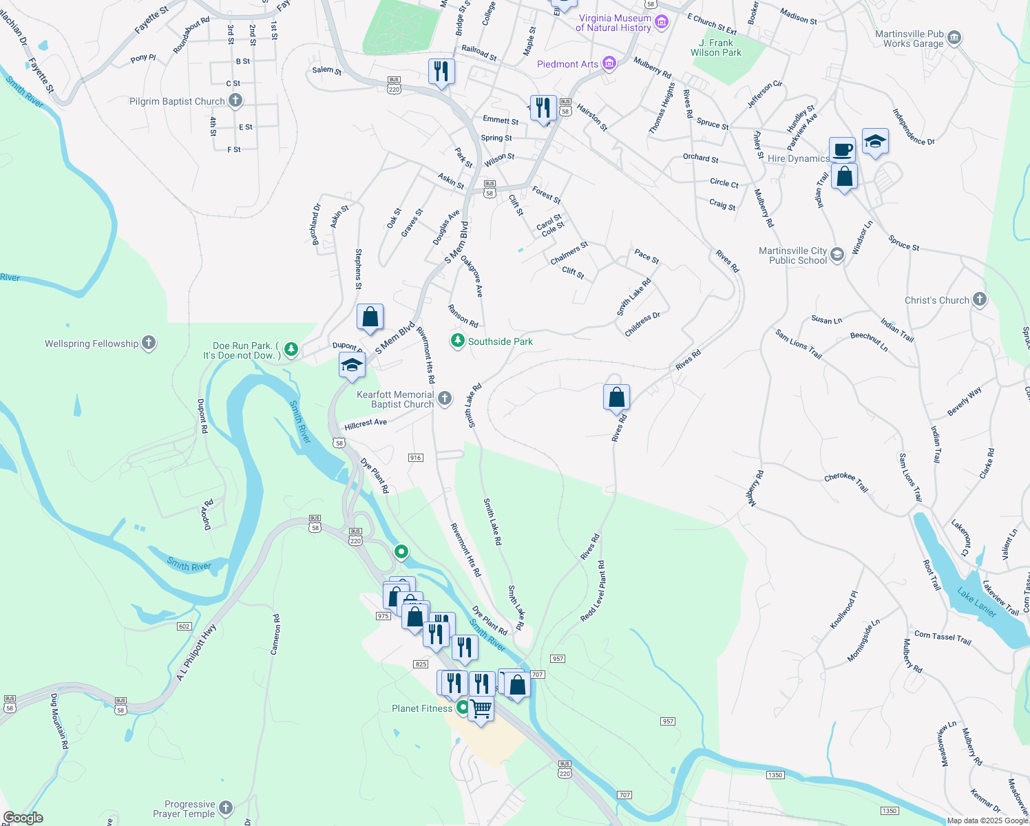 map of restaurants, bars, coffee shops, grocery stores, and more near 101 Elder Court in Martinsville