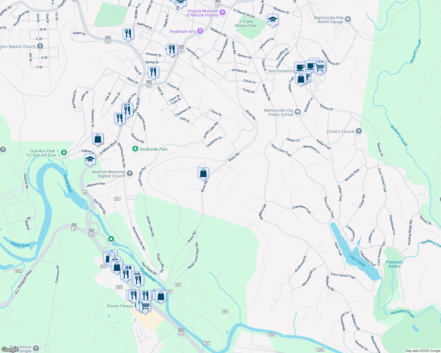 map of restaurants, bars, coffee shops, grocery stores, and more near 1105-1199 Drewry Road in Martinsville
