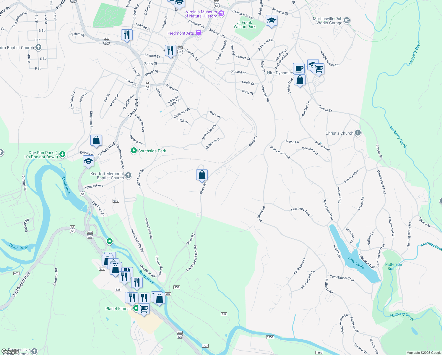 map of restaurants, bars, coffee shops, grocery stores, and more near 1105-1199 Drewry Road in Martinsville