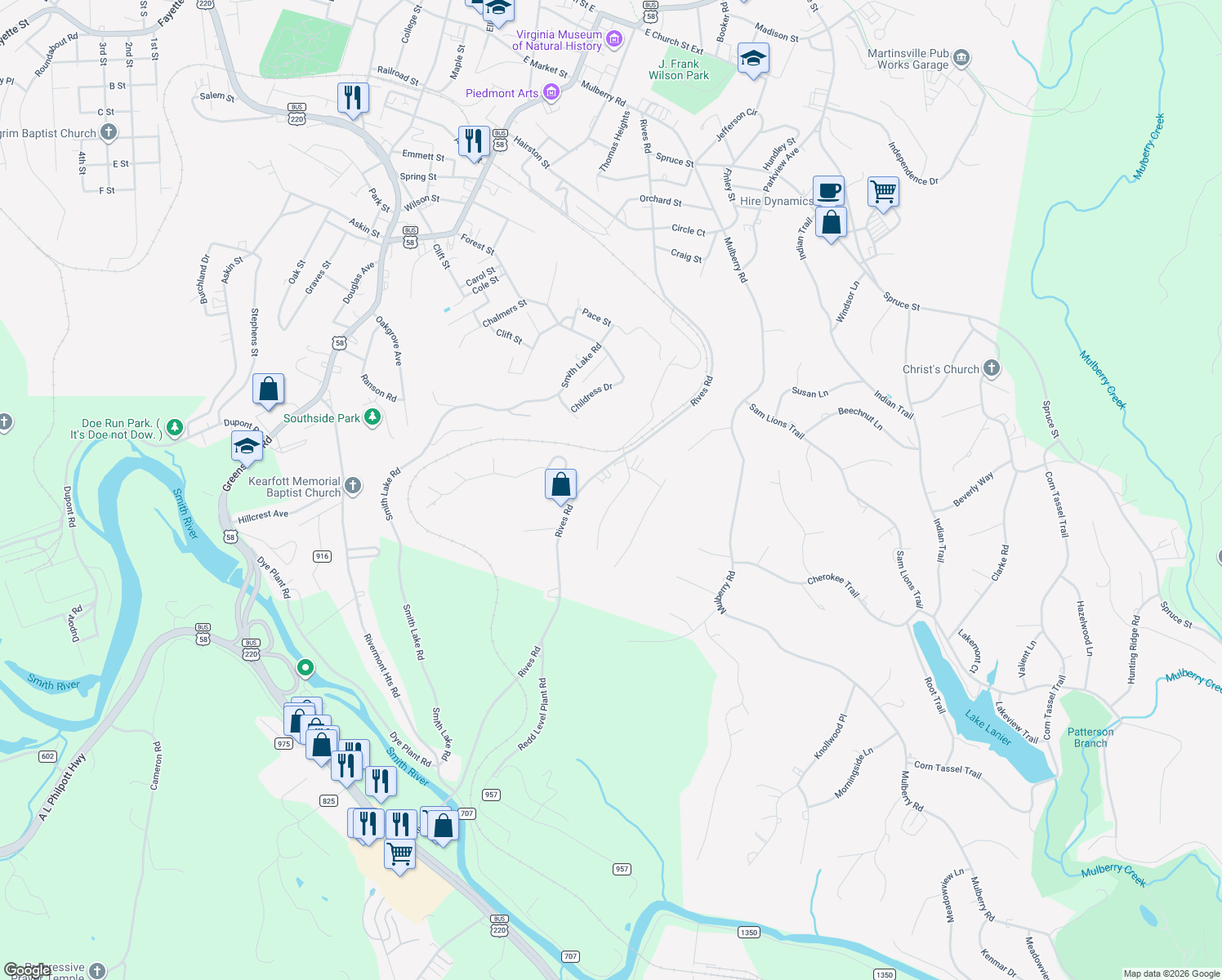 map of restaurants, bars, coffee shops, grocery stores, and more near 1105-1199 Drewry Road in Martinsville