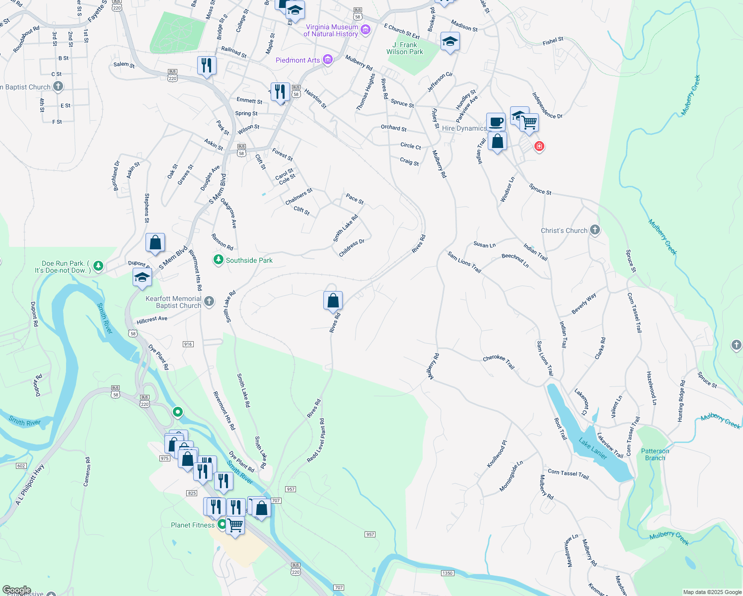 map of restaurants, bars, coffee shops, grocery stores, and more near 1100-1102 Drewry Road in Martinsville