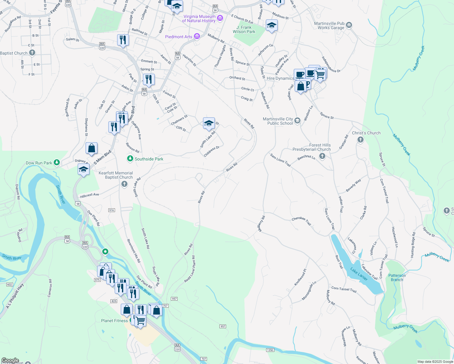 map of restaurants, bars, coffee shops, grocery stores, and more near 1105 Drewry Road in Martinsville