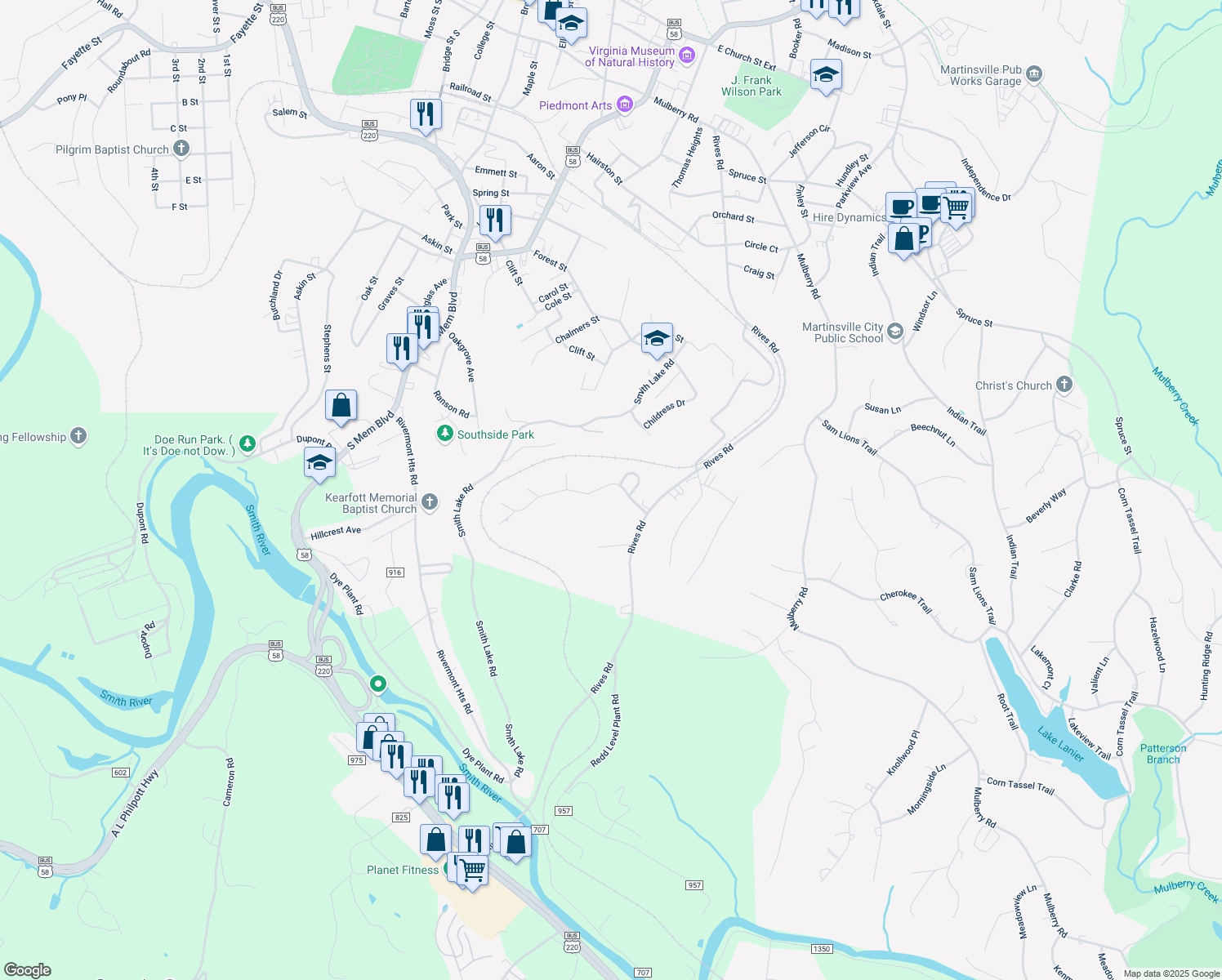 map of restaurants, bars, coffee shops, grocery stores, and more near 813 Forest Lake Drive in Martinsville