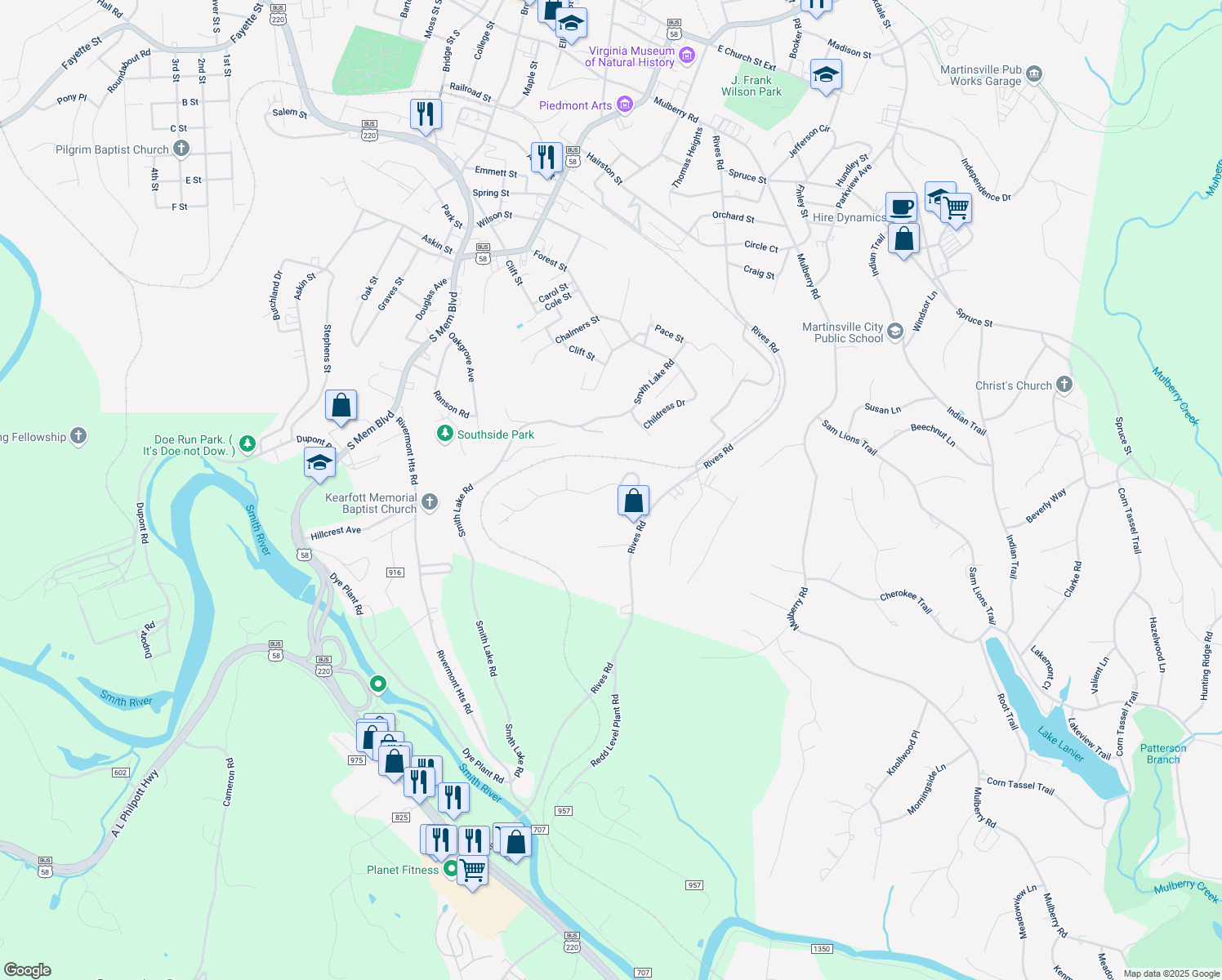 map of restaurants, bars, coffee shops, grocery stores, and more near 813 Forest Lake Drive in Martinsville