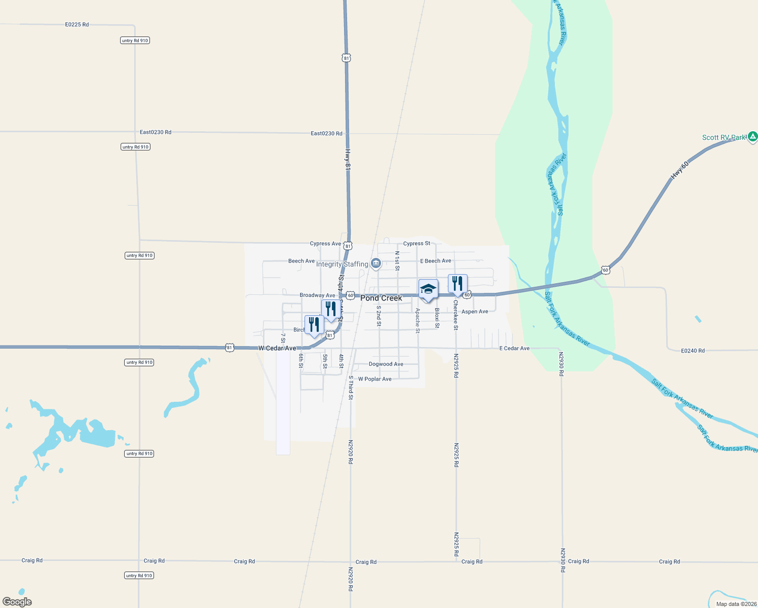 map of restaurants, bars, coffee shops, grocery stores, and more near South 2nd Street in Pond Creek