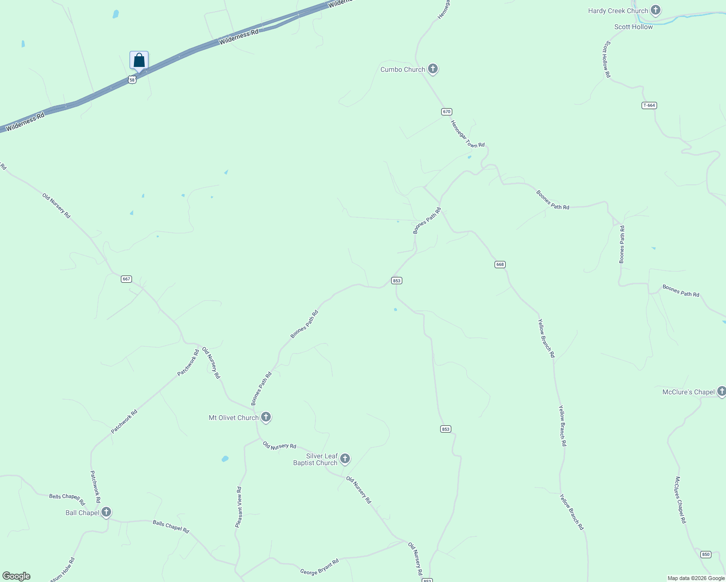map of restaurants, bars, coffee shops, grocery stores, and more near Boone Path Road in Rose Hill