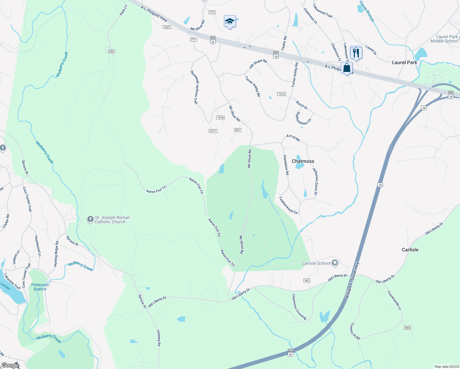 map of restaurants, bars, coffee shops, grocery stores, and more near 98 Country Club Plaza in Martinsville