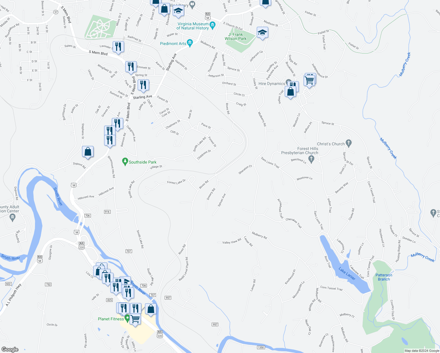 map of restaurants, bars, coffee shops, grocery stores, and more near 1100-1102 Drewry Road in Martinsville