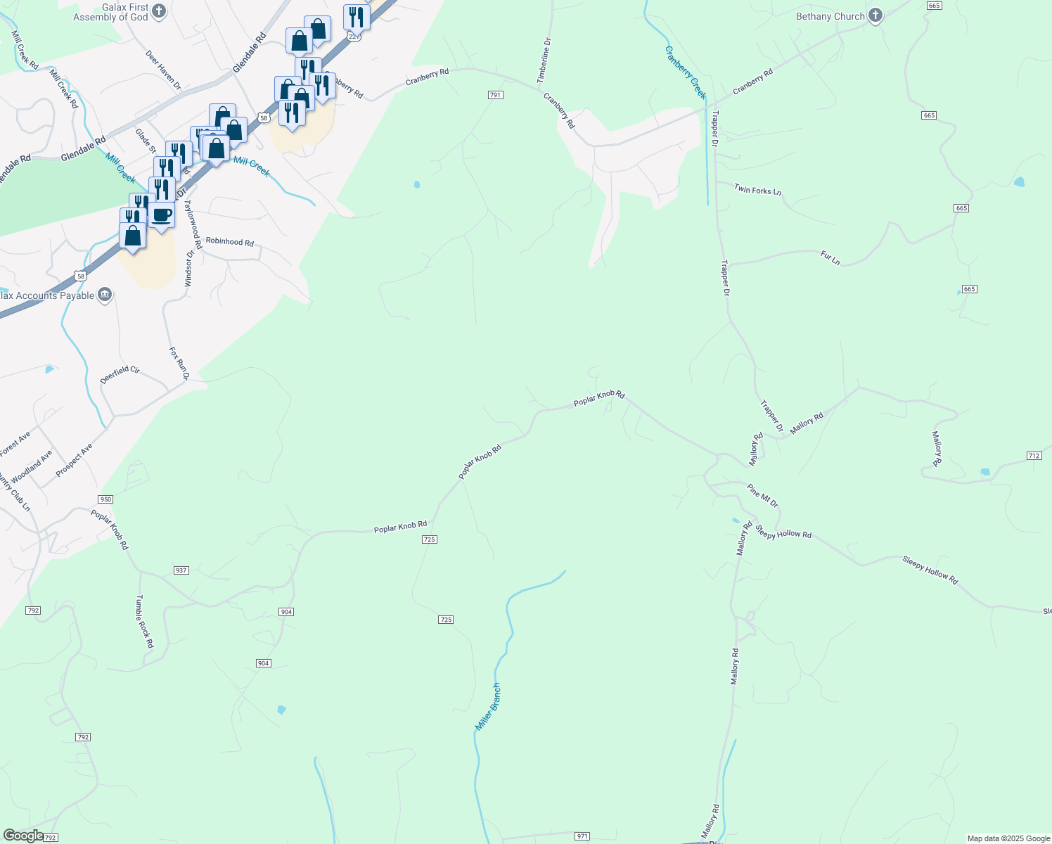 map of restaurants, bars, coffee shops, grocery stores, and more near Poplar Knob Road in Galax