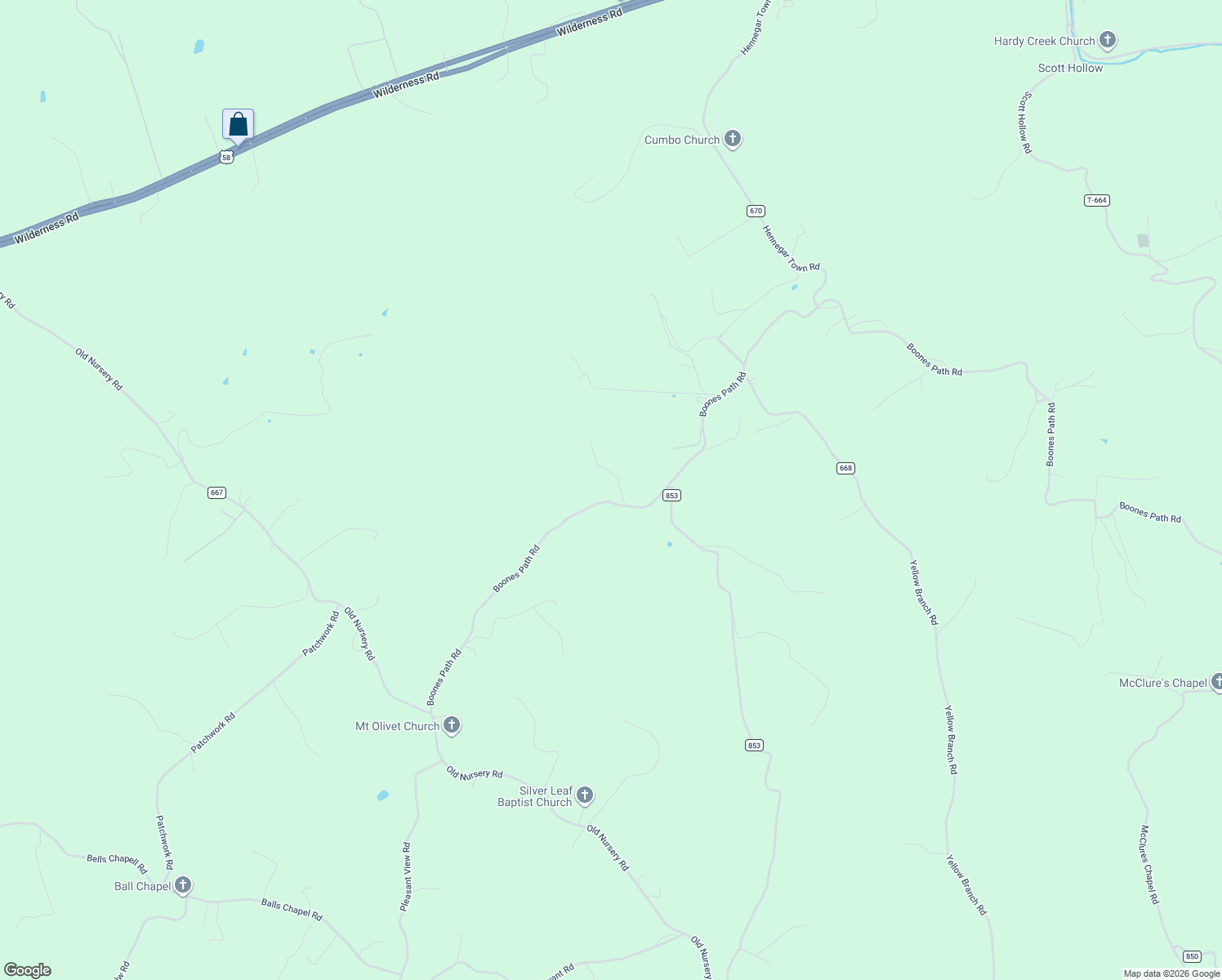map of restaurants, bars, coffee shops, grocery stores, and more near 869 Boones Path Road in Rose Hill