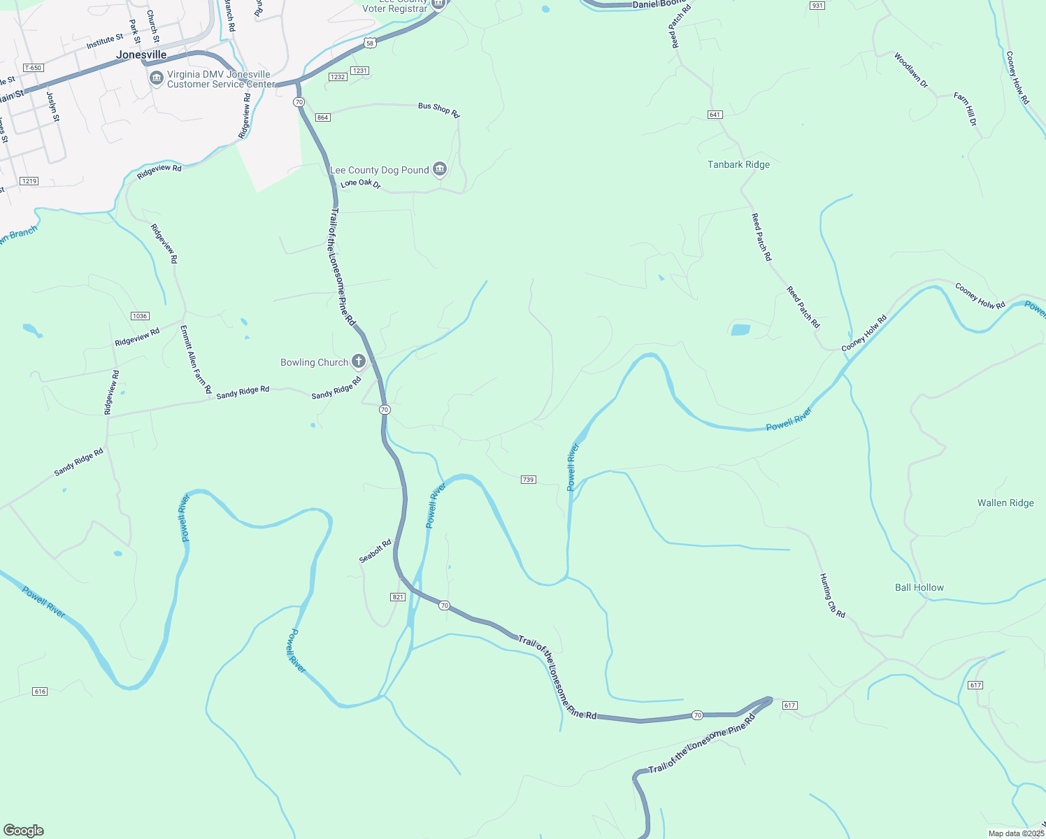 map of restaurants, bars, coffee shops, grocery stores, and more near 641 Tanbark Ridge Road in Jonesville