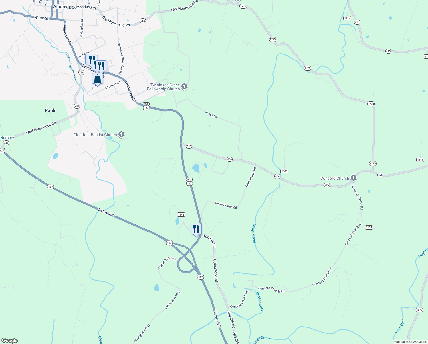 map of restaurants, bars, coffee shops, grocery stores, and more near 224 Horseshoe Bend Road in Albany