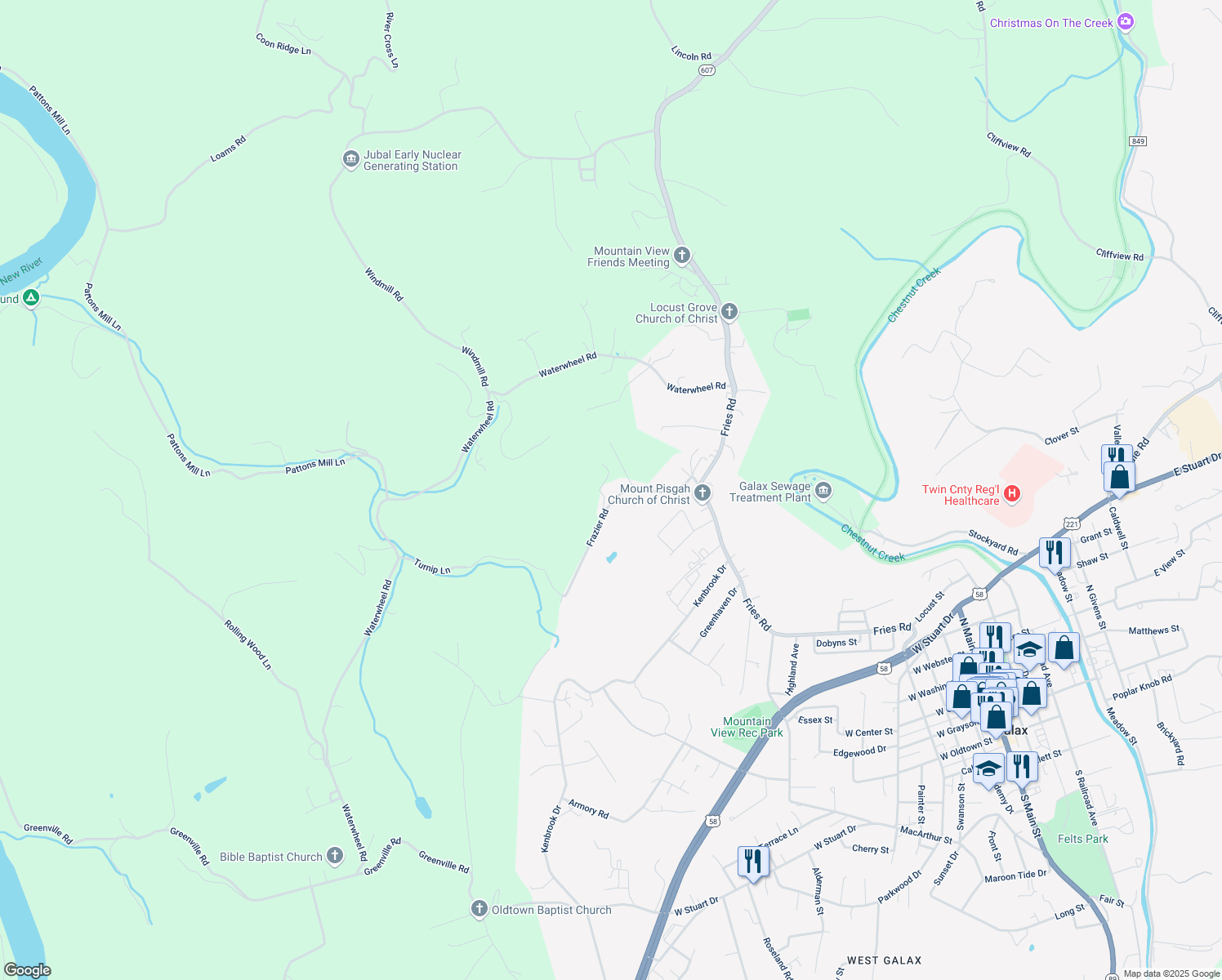 map of restaurants, bars, coffee shops, grocery stores, and more near 100-132 Elmtree Lane in Galax